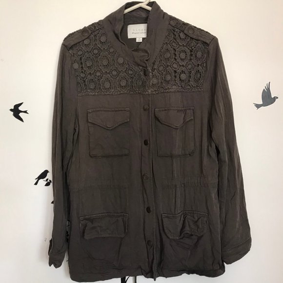 HINGE button zip up olive army green cargo pockets jacket utility crochet grunge - Picture 7 of 7